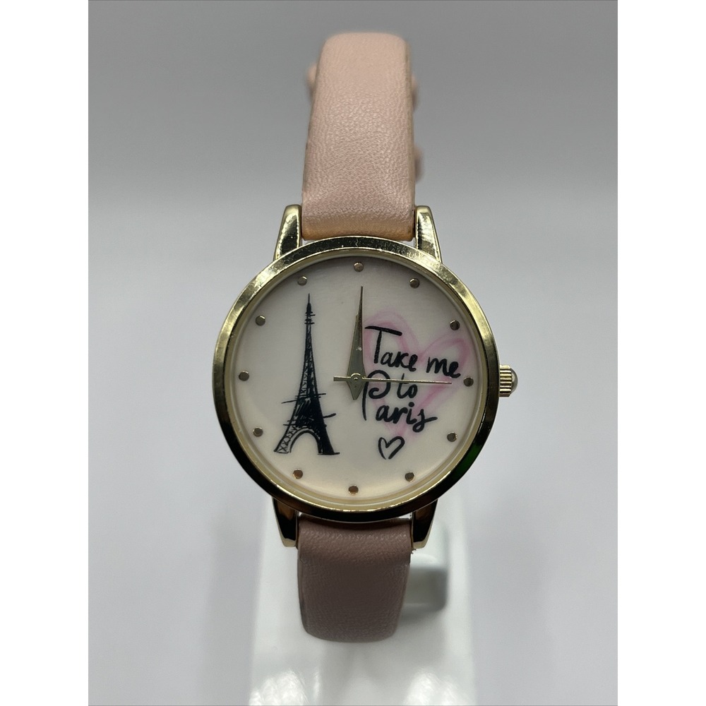 "Take Me to Paris" Gold Bezel Watch Pink Band- New Battery